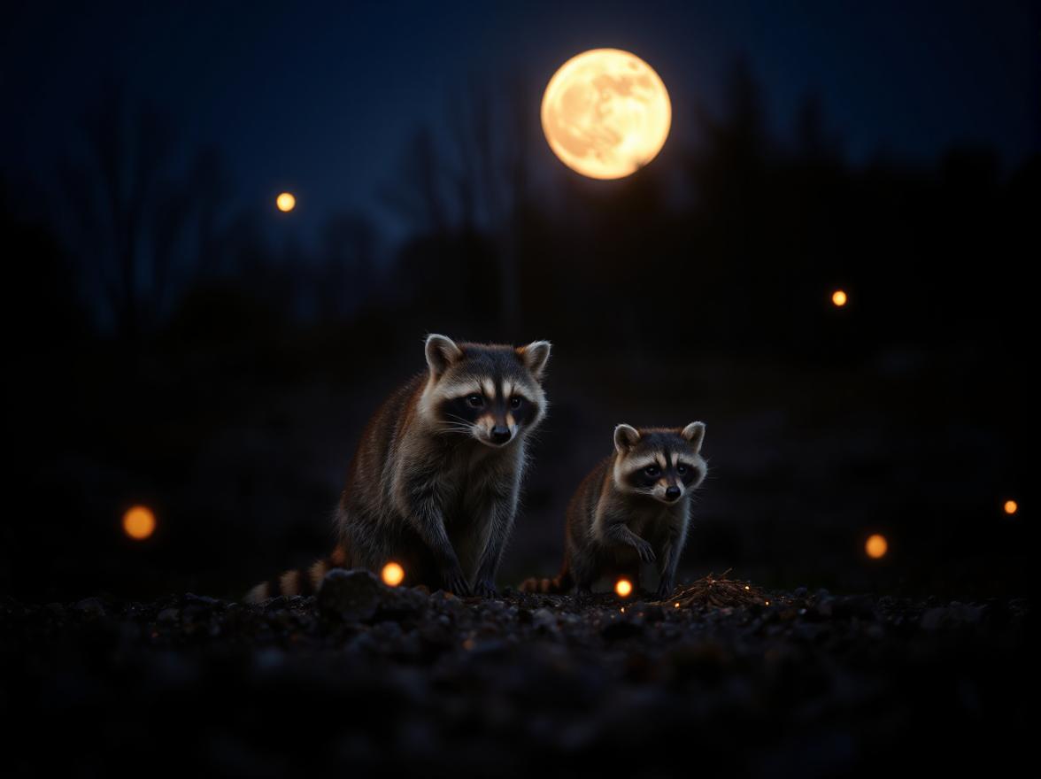 a mother and baby racoon are looking for food at night with a full moon. There are fireflies.
