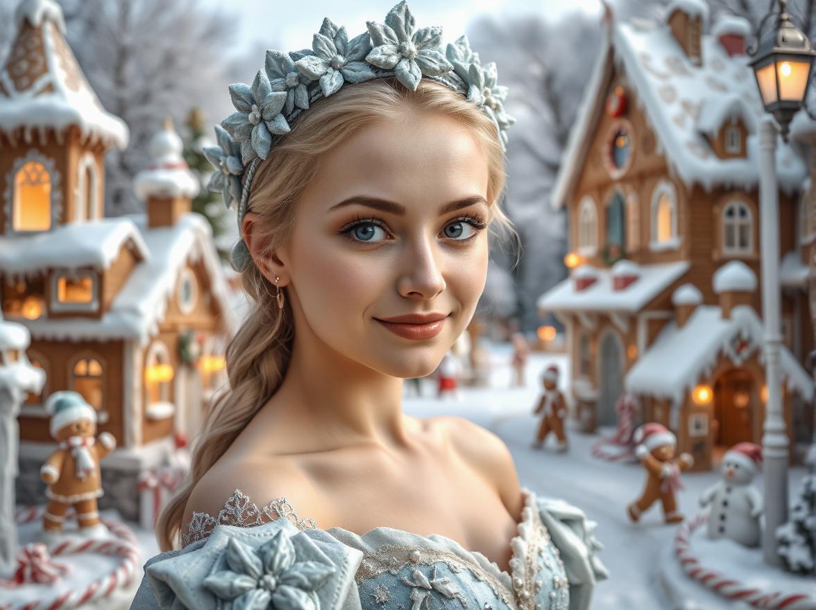 A TYPICAL AI. A young cute and beautiful woman-  Lovely Smiley Face -likely pre-teen or teen- with pale skin- light blonde hair- and striking blue eyes- is the central figure.  She is adorned with a delicate- ornate headpiece resembling icicles and frosted flowers- crafted from a light grayish-blue material. The woman's attire appears to be a long- flowing- light-azure-blue gown- detailed with elaborate frost-like textures suggesting ice or frost.  Her expression is serene and focused- with a contemplative look.  She is positioned in the center of the frame- looking directly at the viewer in a three-quarter view.  The background is a softly blurred backdrop- also infused with icy blue hues- with a hint of cool- gray tones- evoking a wintery environment. The light suggests a soft- diffused source- possibly natural or ethereal- emphasizing the icy- fantastical quality of the scene.  The overall style is highly stylized and evocative of a fantasy or fairytale realm. The composition is carefully balanced with a close-up focus on the woman's face and intricate details of her attire.  The image uses a variety of shades of light blue- white and icy gray tones.  A sense of elegance and ethereal beauty is prominent. Laughing!
Imagine a delightful gingerbread town square that transports you to a world of whimsy! Picture charming gingerbread houses beautifully decorated with candy canes- gumdrops- and luscious icing. The streets sparkle with a layer of powdered sugar snow- while cheerful gingerbread people stroll about in their festive holiday attire- bringing joy to all. At the heart of this enchanting scene stands a radiant candy tree- casting a warm glow that invites you to experience the magic of the season.