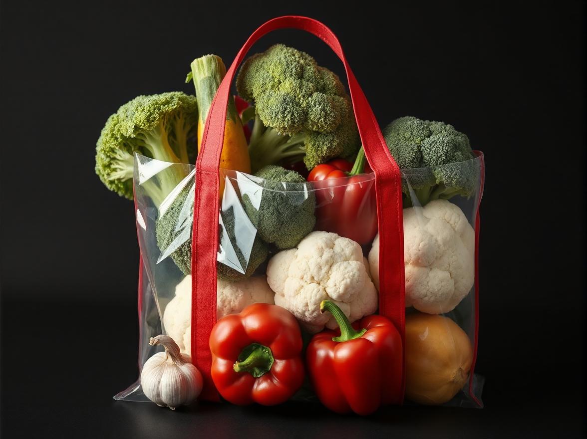 The image showcases a variety of fresh vegetables neatly arranged within a transparent- plastic tote bag with red handles. The dominant colors of the vegetables are vivid greens and deep reds- suggesting freshness and ripeness. The vegetables include leafy greens- which could be lettuce or cabbage- broccoli with its distinct tree-like florets- plump red bell peppers- white cauliflower- and what appears to be a cluster of garlic with its papery skin at the bottom left. These vegetables are common ingredients in many healthy dishes- indicating a possible focus on nutritious eating or meal preparation. The broccoli and cauliflower are relatively large- taking up significant space within the bag- while the bell peppers add a splash of bright red that contrasts with the greens and whites. The arrangement is orderly- hinting at careful selection and packing. There's an emphasis on the natural textures of the vegetables- from the bumpy surface of the cauliflower to the smooth- shiny peppers. The backdrop is a stark black- making the colors of the vegetables pop- which puts the focus entirely on the freshness and variety of the produce selections in the bag. The image might be associated with themes of healthy living- grocery shopping- or the importance of including a variety of vegetables in one's diet.