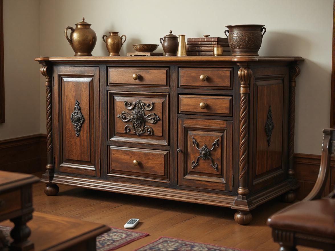 Although it has an antique look- all the drawers and doors can be opened and closed using a remote control- and the remote control is placed on a table in front of it.