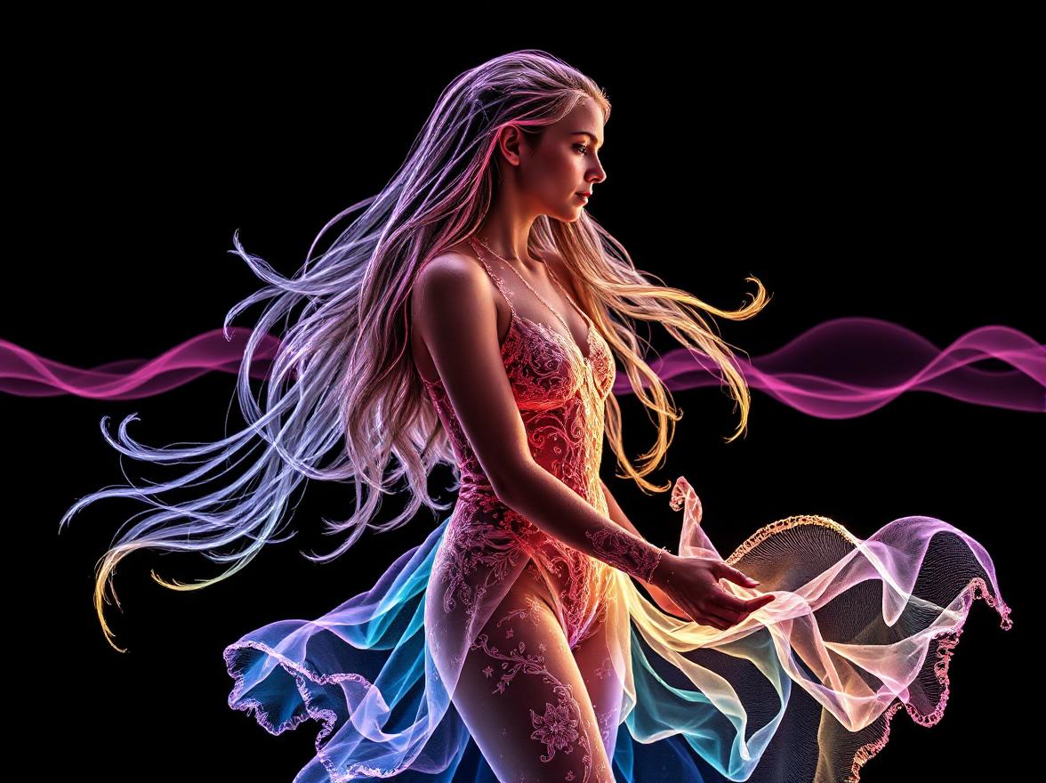 Holographic silhouette of a spectral- exquisite young woman- full figure outlined with radiant energy- abundant in detail- fantasy-infused- delicate patterns- mesmerizing- intricate lighting- macroscopic allure- lively details to culminate in an art piece- inspired by Harrison Fisher and Catrin Welz-Stein- alcohol ink- rainbow shades- contrast against a stark black background- bright colors- psychedelic. Pink Waves in the background. 